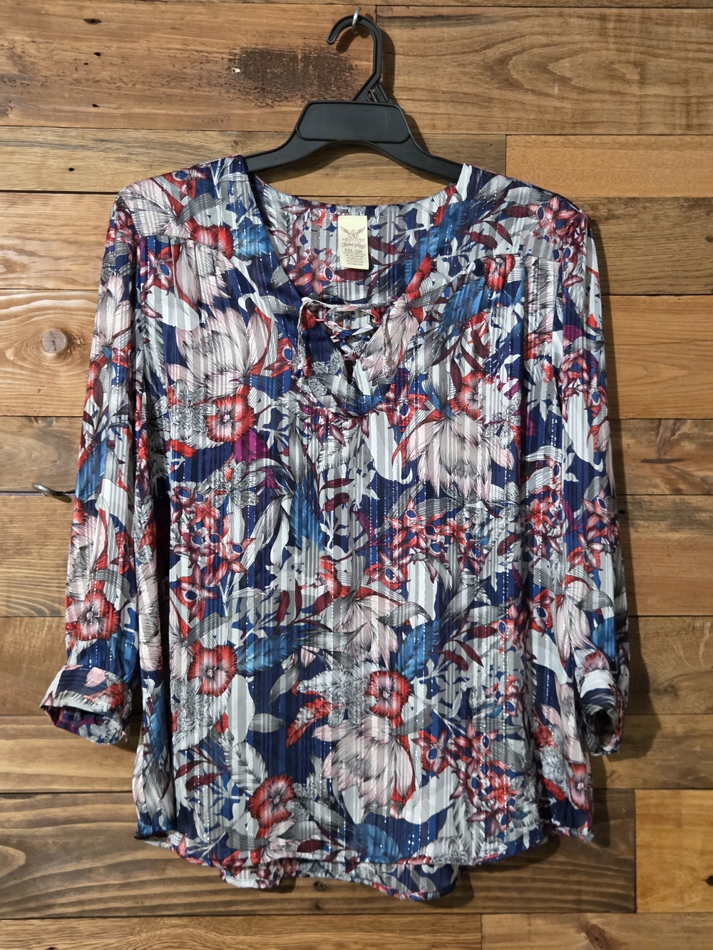 XXL 20 Floral Blouse Metallic Stripe Lace Up Neck Roll Tab Sleeve Plus Size